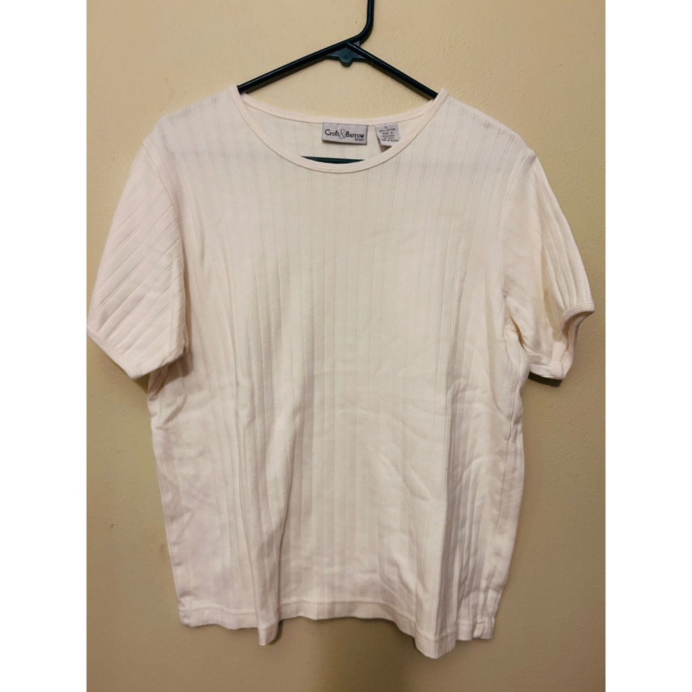 Croft & Barrow Ribbed Knit Top Women Large Cream Excellent Short Sleeve Cotton